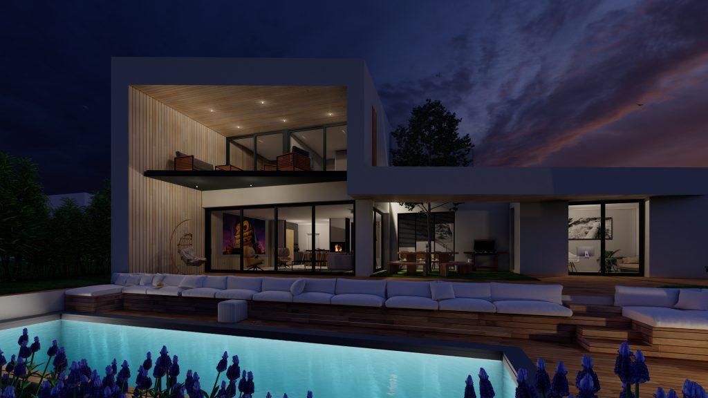 Vue de nuit d'une villa contemporaine de l'Ouest Lyonnais