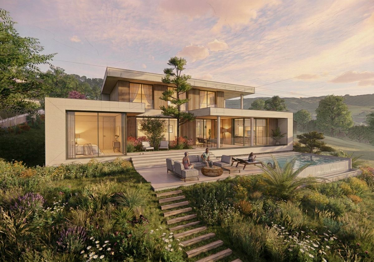Façade d'une maison contemporaine à toit plat avec piscine, située dans le Pays de l'Ozon