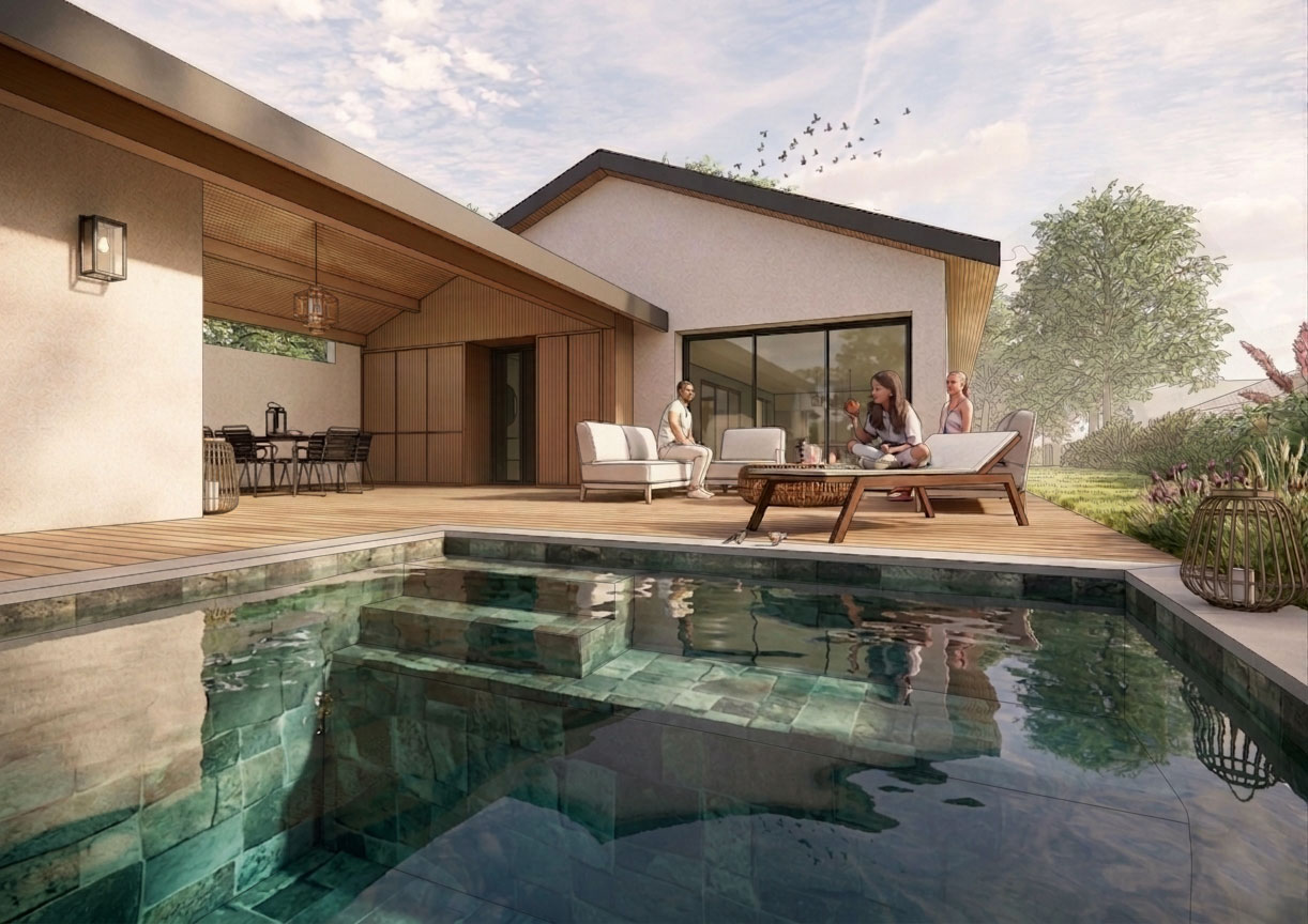 Piscine d'une maison individuelle près de Lyon avec traits de dessin