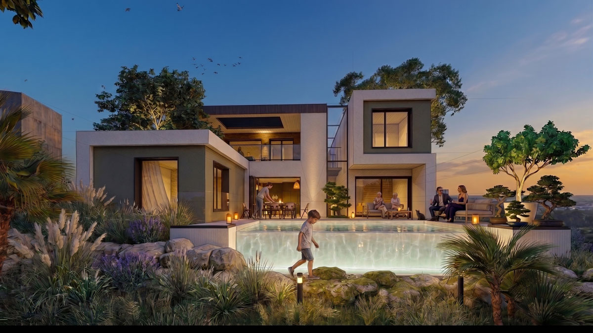 Maison contemporaine à ossature bois à la tombée de la nuit